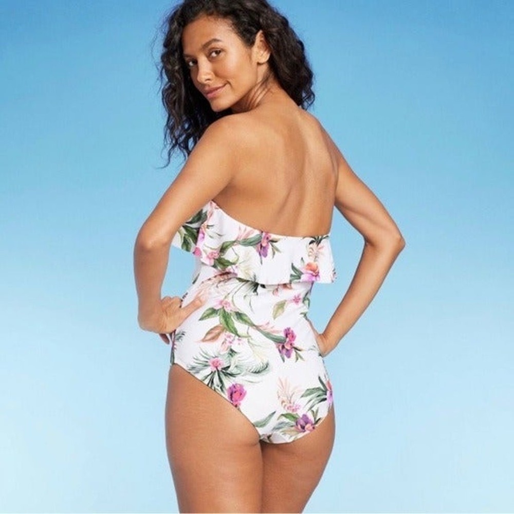 Kona Sol Floral Bandeau Ruched One Piece Swimsuit